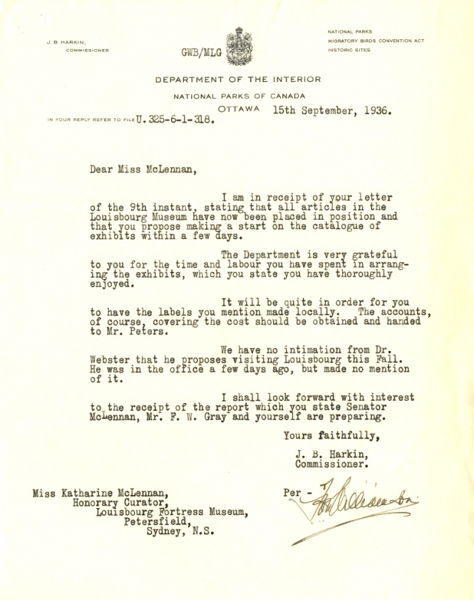 Letter from J.B. Harkin to Katharine McLennan